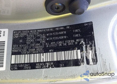 2022 Toyota Sienna Platinum z USA, uszkodzony, nr VIN 5TDESKFC5NS061555